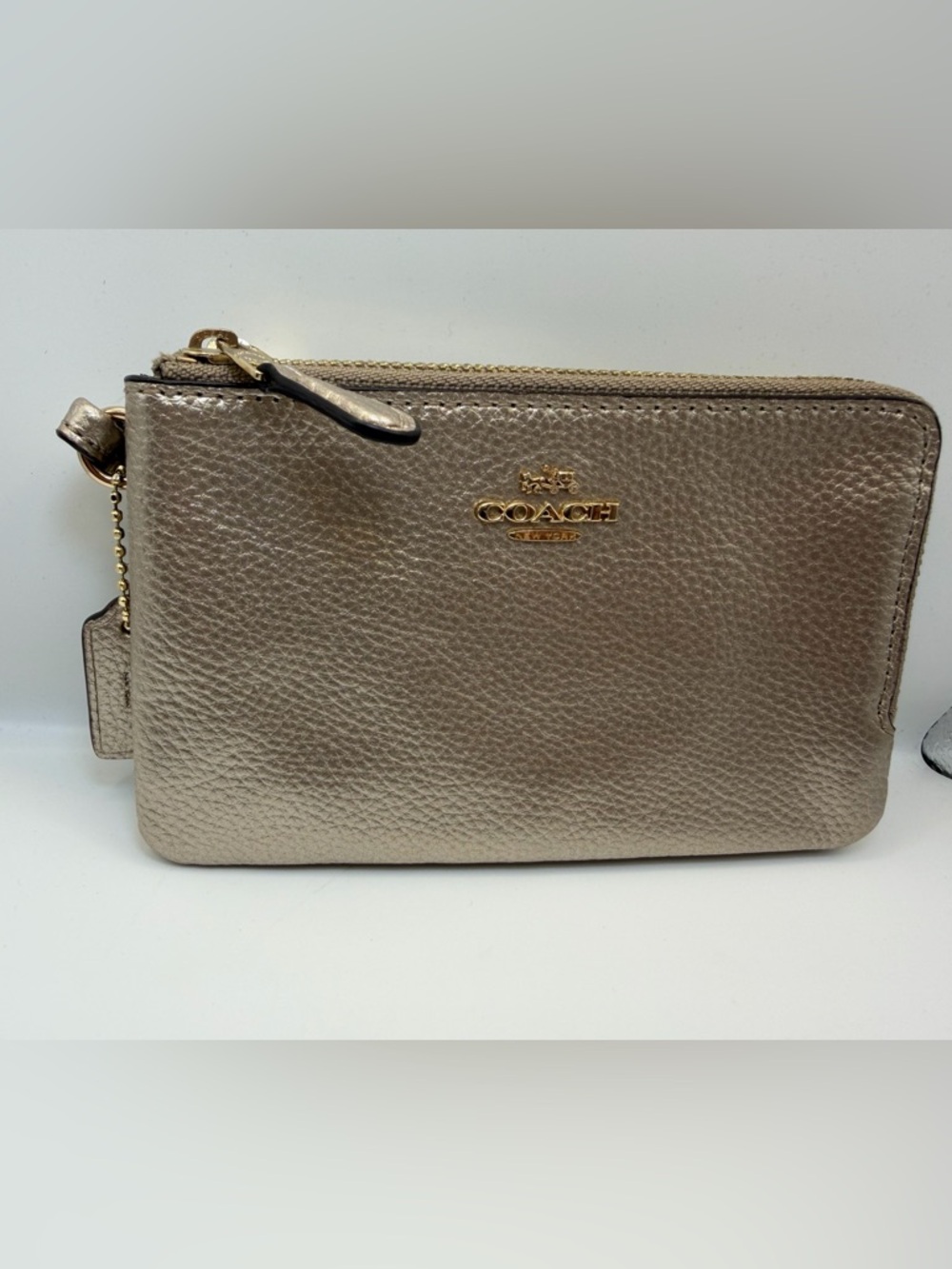 Coach Metallic Gold Pebbled Leather Double Zip Wristlet Pouch Wallet Clutch GUC - Picture 2 of 12